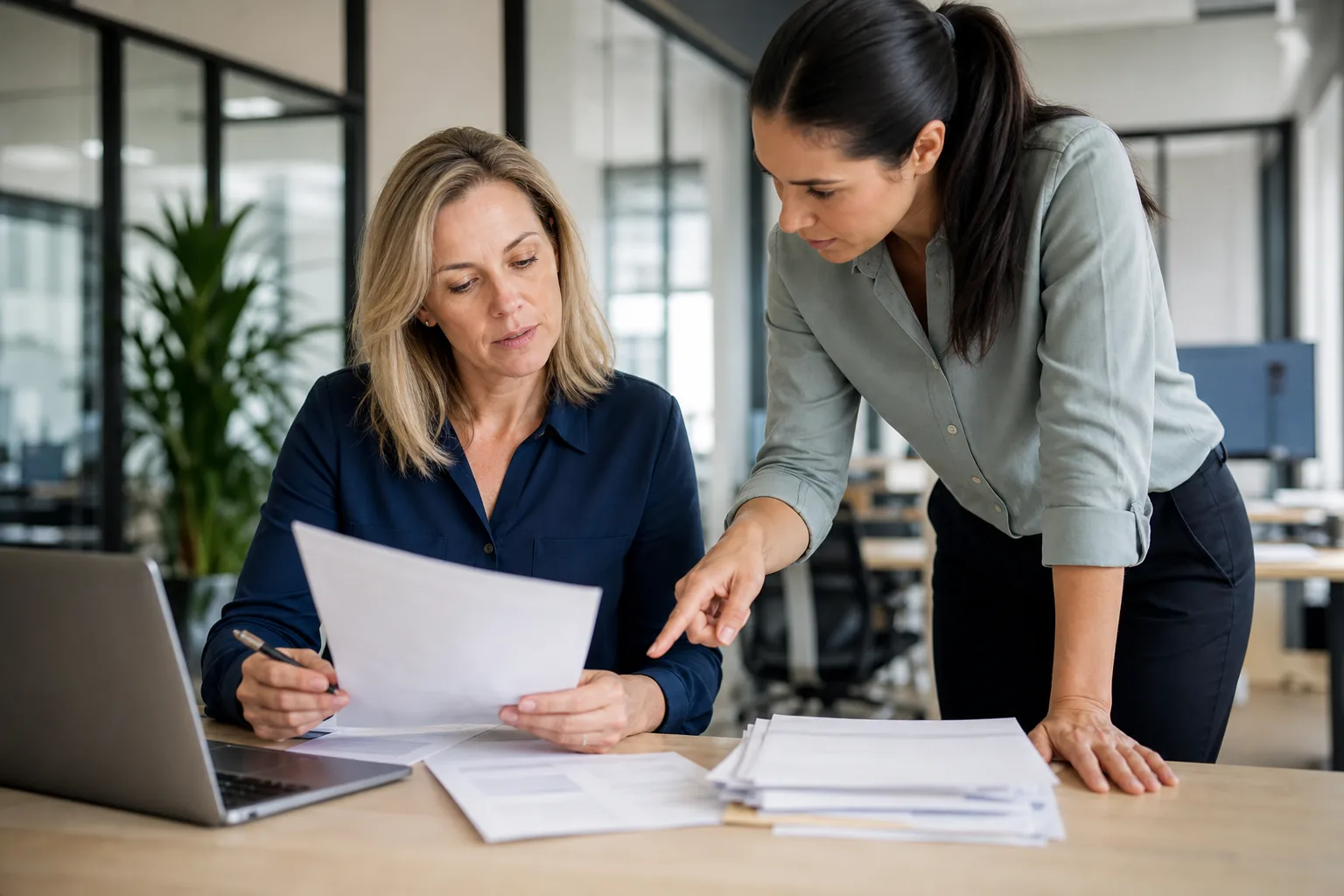 Controller and operations colleague checking a purchase order against a delivery receipt and supplier invoices