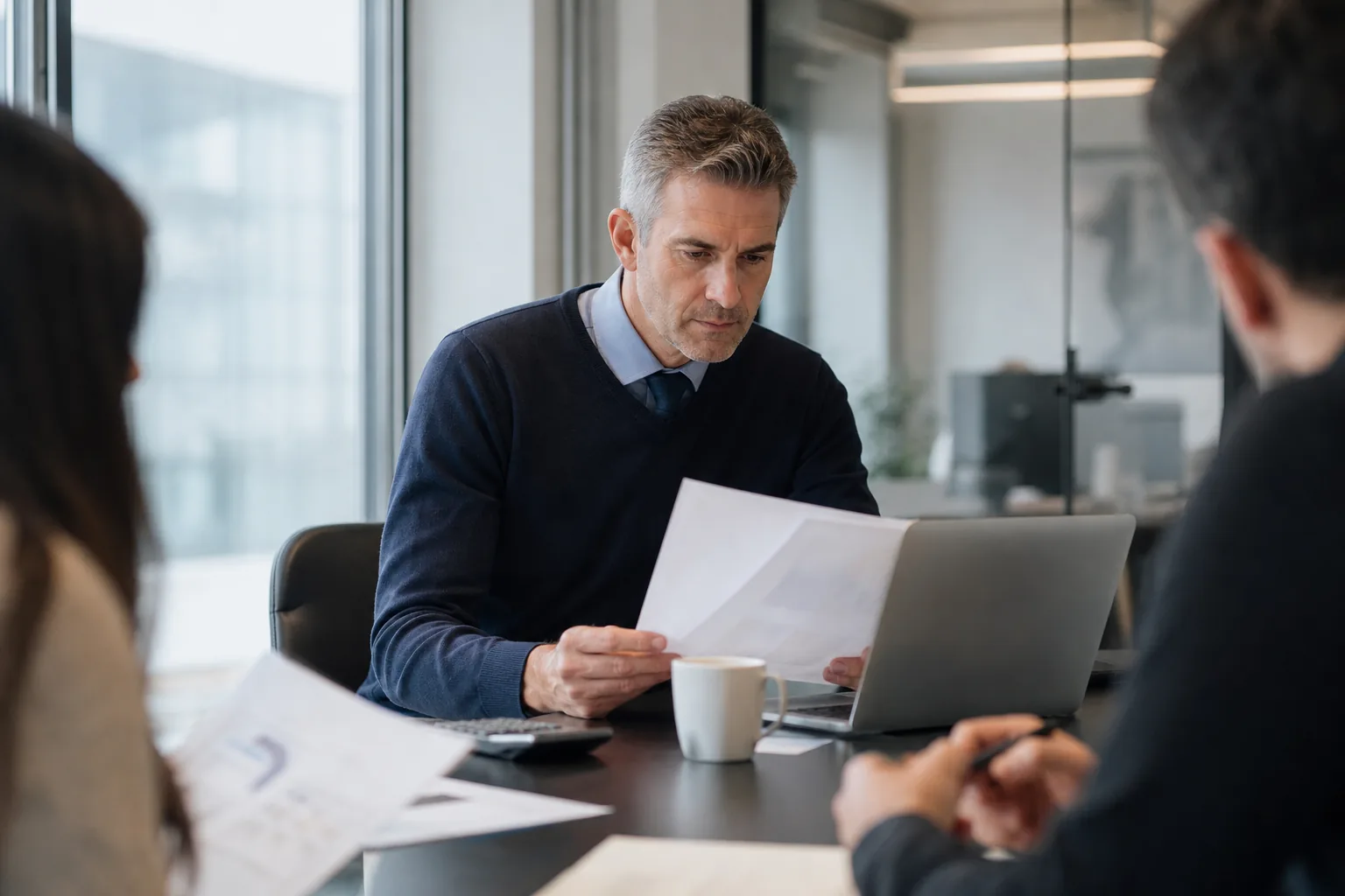 CFO comparing printed procurement software quotes with a cost spreadsheet on a laptop