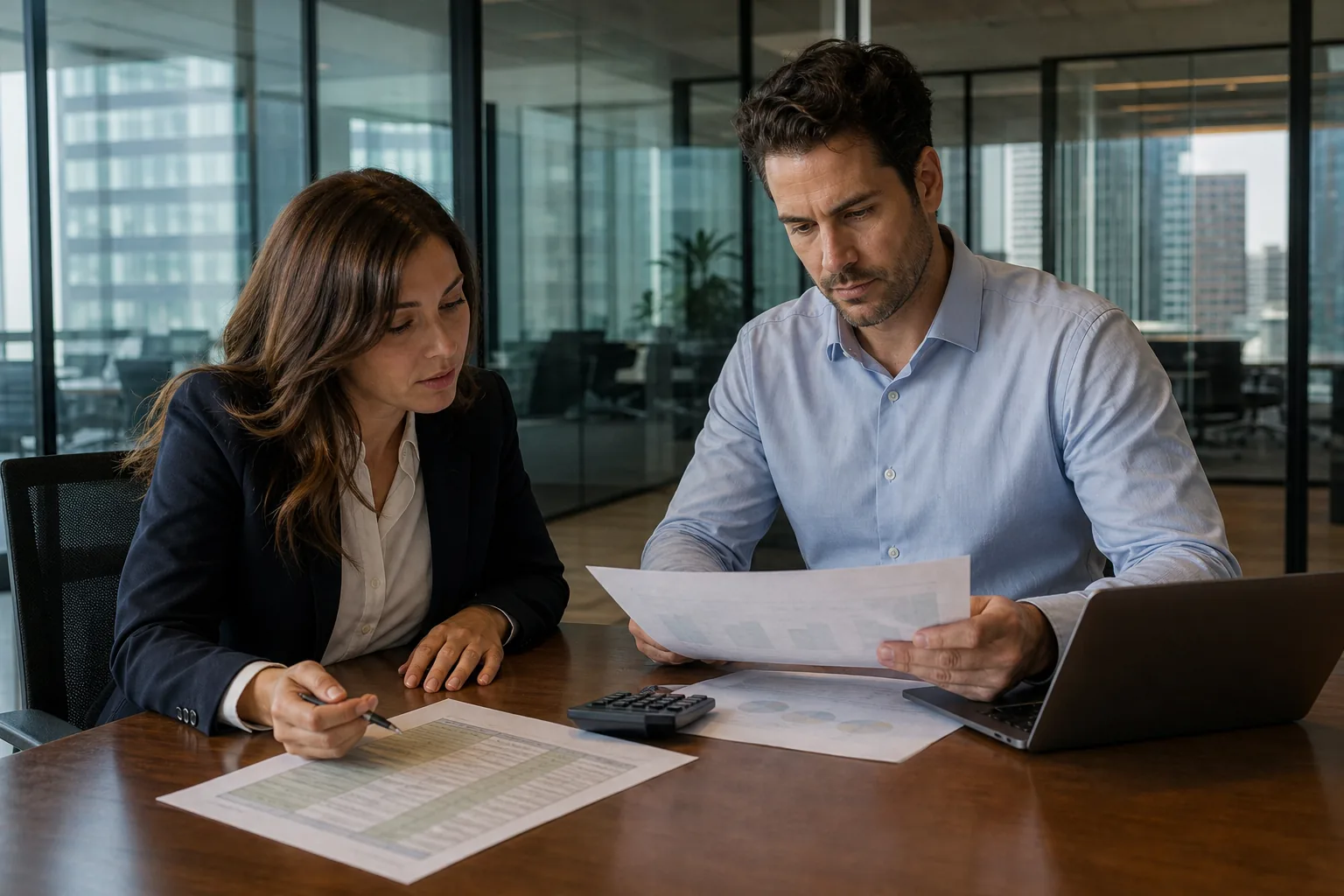 CFO and procurement manager comparing a software quote with a list of cardholders and a calculator