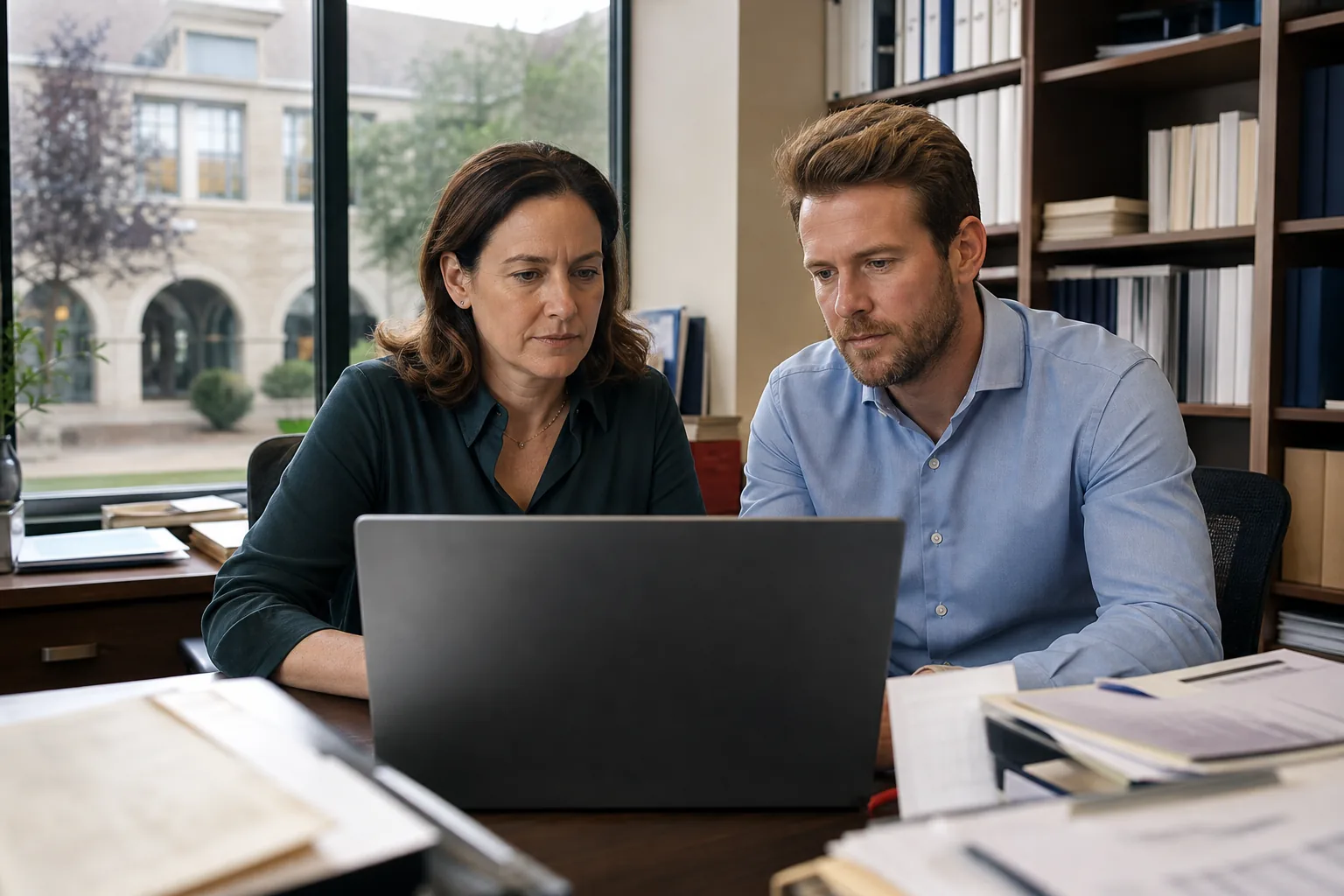 School business manager and department head reviewing a purchase order on a laptop in a school office