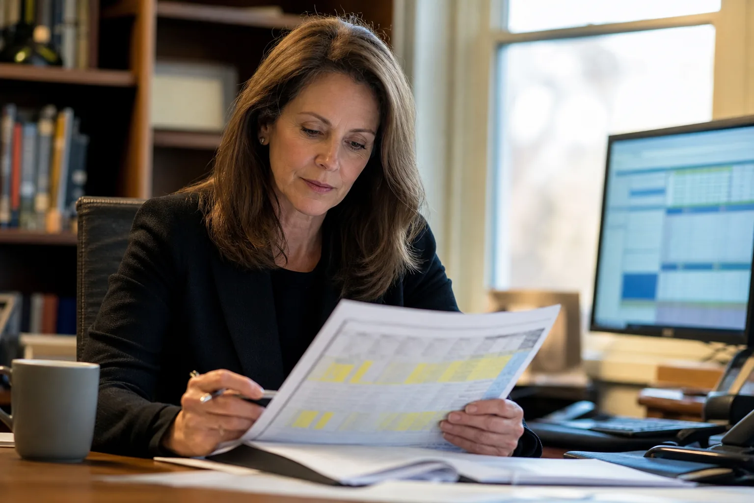 CFO reviewing a multi-year procurement software contract and budget at her desk